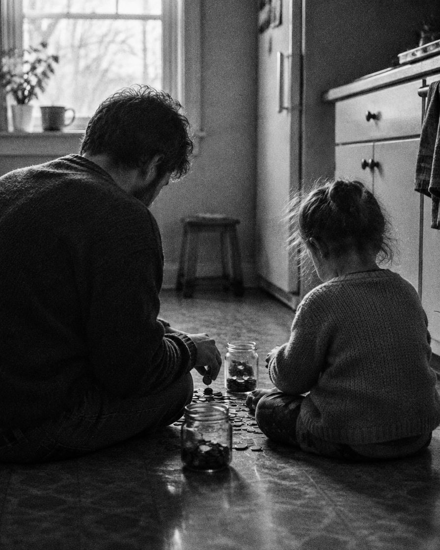 Un adulto y un niño cuentan monedas en el piso de una cocina