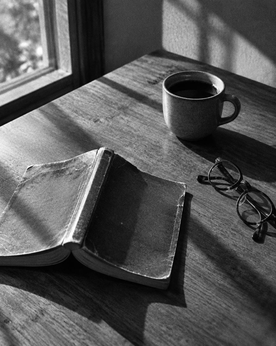 Un libro abierto boca abajo junto a una taza de café
